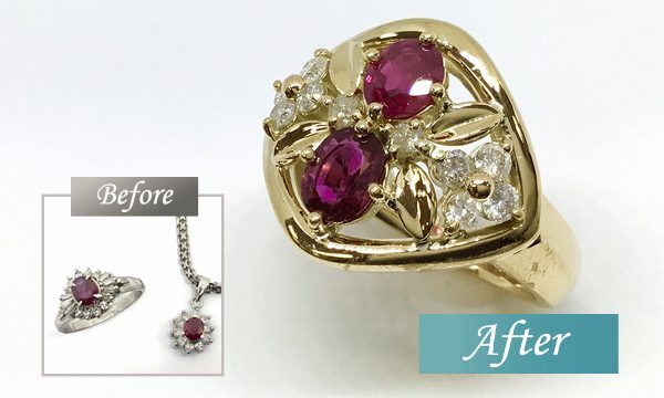 ルビーの指輪とネックレスのリメイク ２つを合わせてゴージャスでお洒落なリングに ジュエリーリフォームの誠美堂