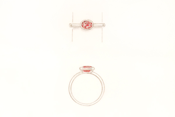ルビーの指輪のオーダーメイド・デザイン画