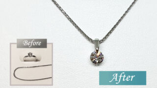 ダイヤモンドPt.リングとPt.チェーン、リメイク後のペンダントトップ（枠Pt.900、石0.683ct.）