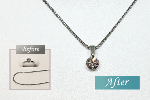 ダイヤモンドPt.リングとPt.チェーン、リメイク後のペンダントトップ（枠Pt.900、石0.683ct.）